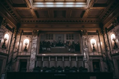 Câmara parlamentar com deputados em sessão legislativa