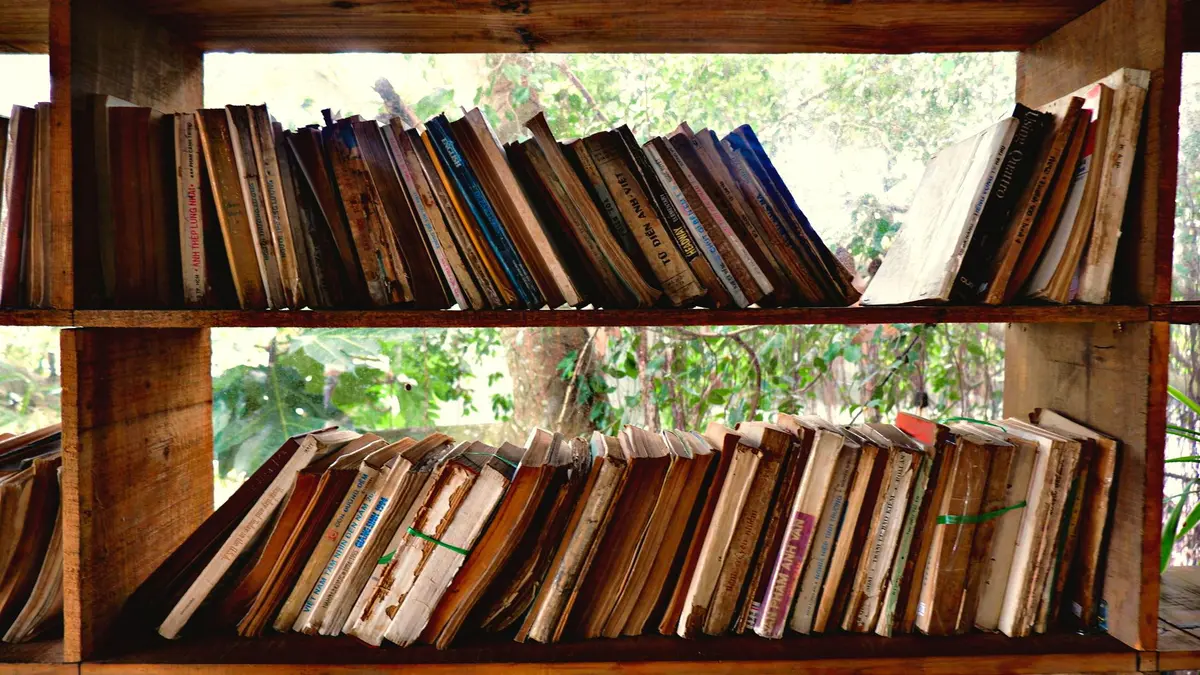 Mãos organizando livros usados numa prateleira, com capas e lombadas visíveis