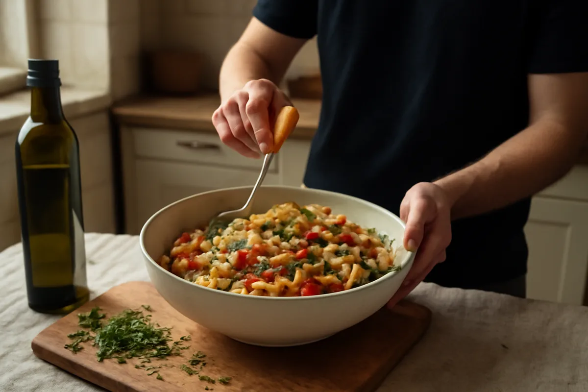 Como montar — em menos de cinco minutos — Escorra o grão-de-bico, junte o frango desfiado e os vegetais cortados. Regue com um fio de azeite e um pouco de sumo de limão; polvilhe as ervas escolhidas. Misture suavemente e ajuste
