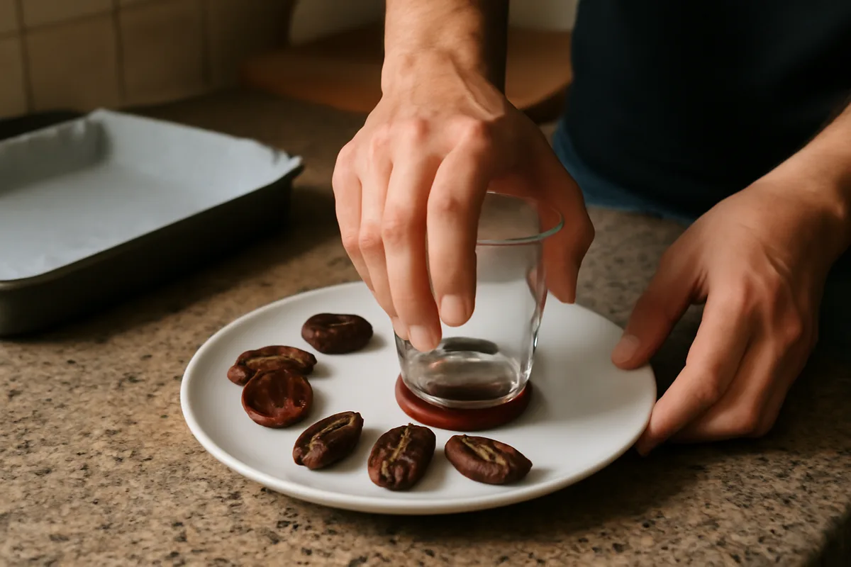 Como preparar — O procedimento é direto e rápido, ideal para preparar em poucos minutos e guardar no congelador. Abra cada tâmara ao meio e pressione com o fundo de um copo para formar uma base achatada. Forre um prato ou