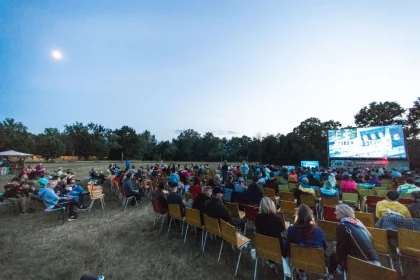 Famílias e casais sentados ao ar livre a assistir a filme numa tela grande iluminada à noite