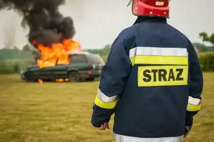 Bombeiros em ação combatendo um incêndio florestal com chamas e fumo intenso
