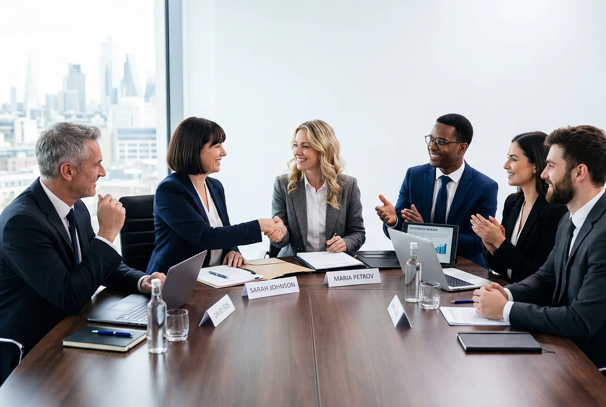 Dois interlocutores em conversa atenta numa reunião formal
