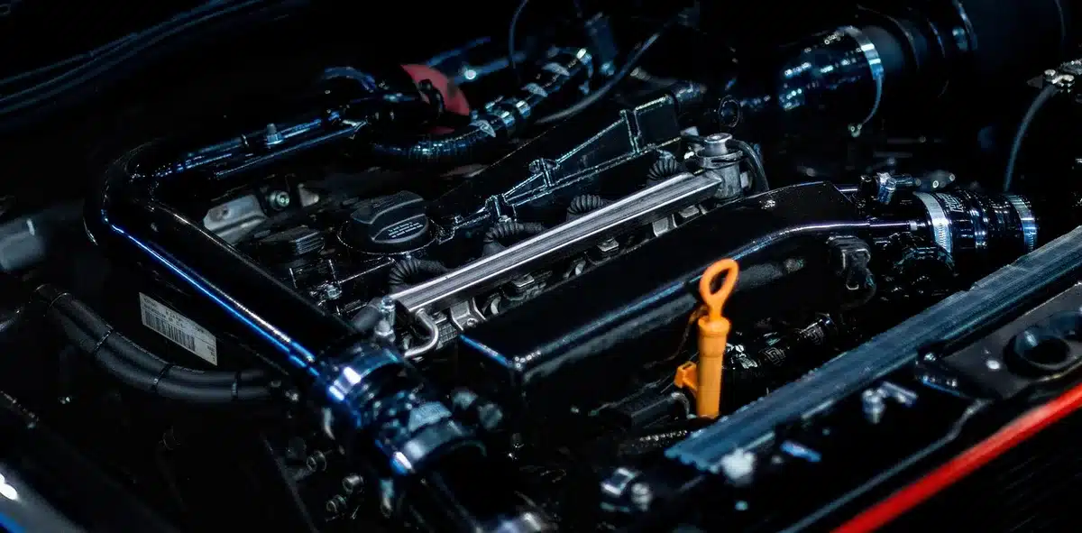 Close-up of a vehicle underside aligned over an induction charging plate, anonymous SUV, garage scene