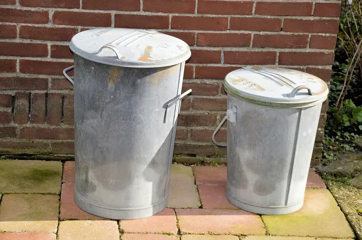 Mãos anónimas seguram garrafas e latas vazias sobre um contentor de reciclagem urbano