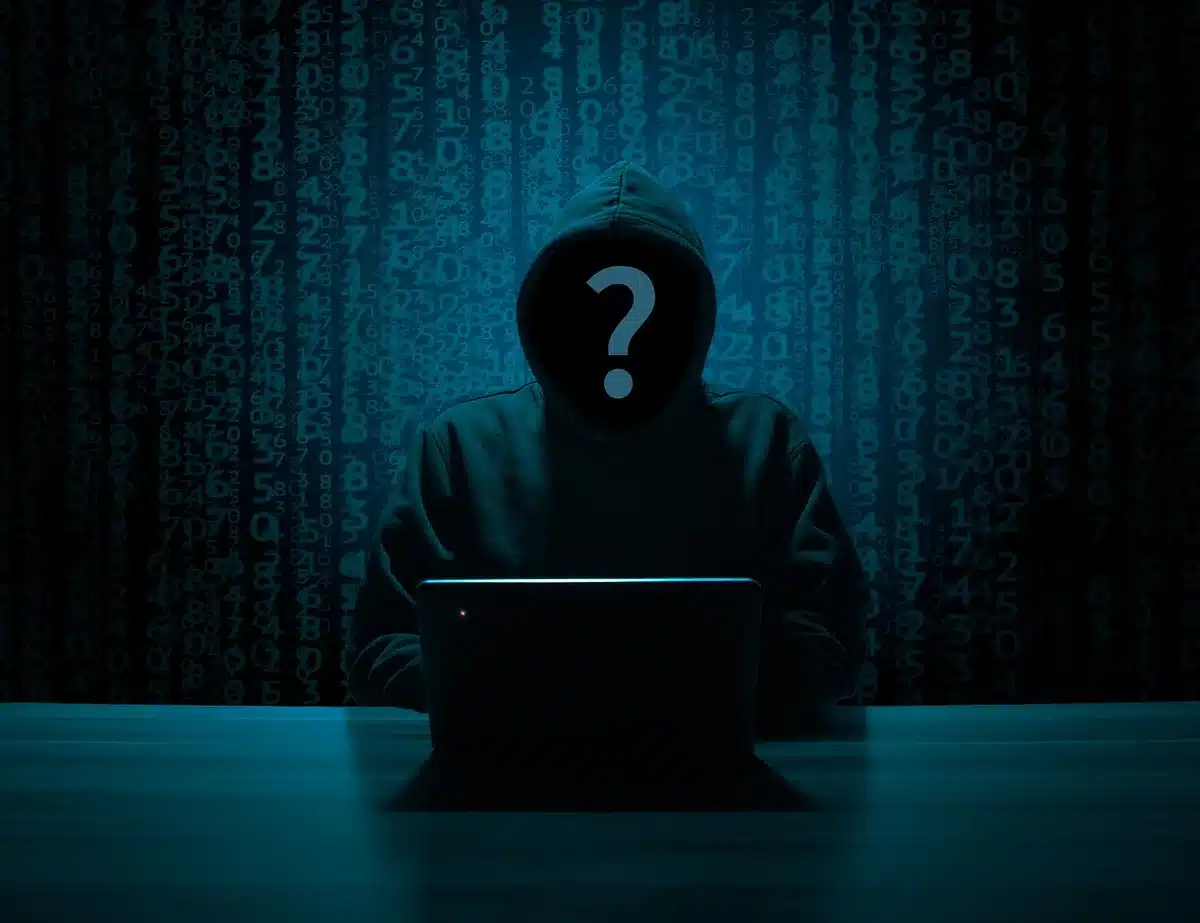 A shadowed anonymous caller silhouette speaking into a headset, phone screen displaying incoming call text blurred, no identifiable face or brand