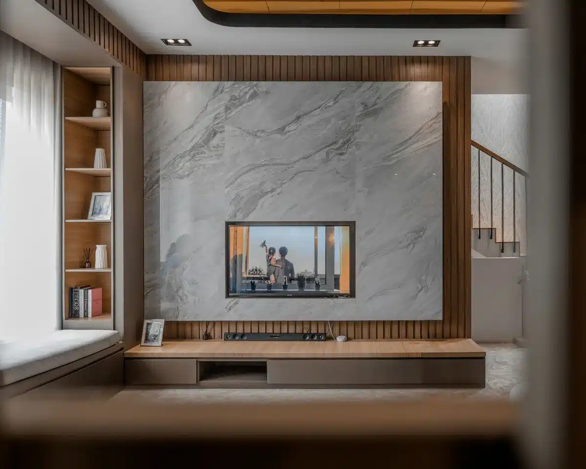 anonymous living room with a large flat TV on, deep blacks on screen and visible bright highlights