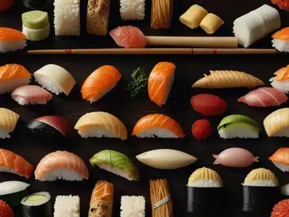 Bandejas de sushi num buffet com bonsai e cascata decorativa num restaurante