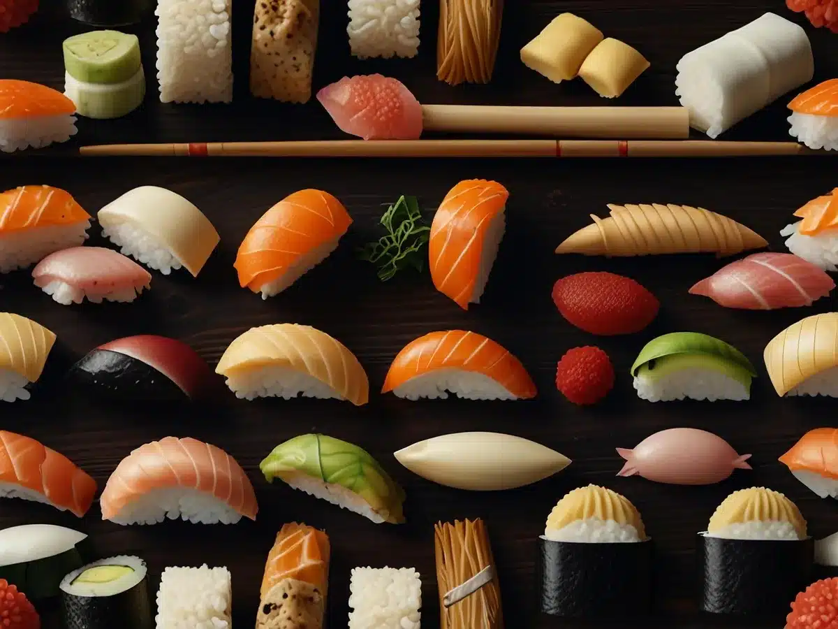 Bandejas de sushi num buffet com bonsai e cascata decorativa num restaurante